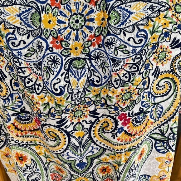 Rafaella colorful print blouse with double flutter sleeves,  keyhole tassel tie - Picture 7 of 8